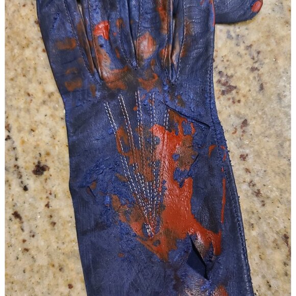 Vintage Size S Blue Leather Long Gloves Slashed Fake Bloody Slashed Zombie War - Picture 14 of 16